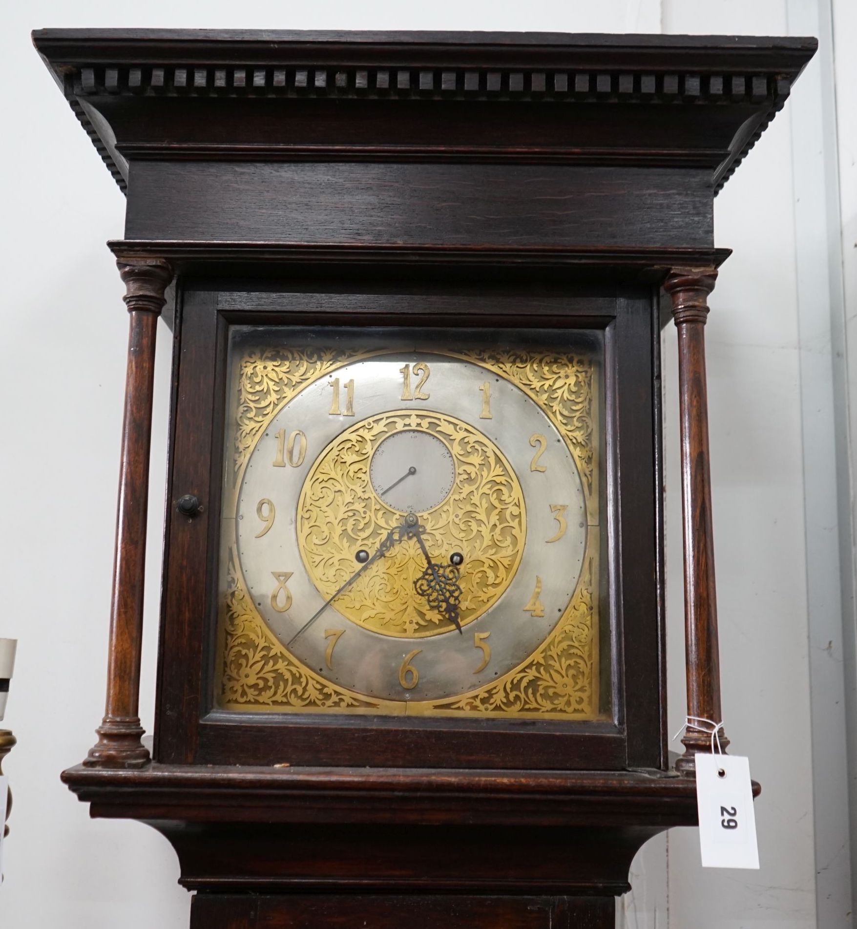 A George III style oak cased longcase clock with silvered chapter ring, height 197cm